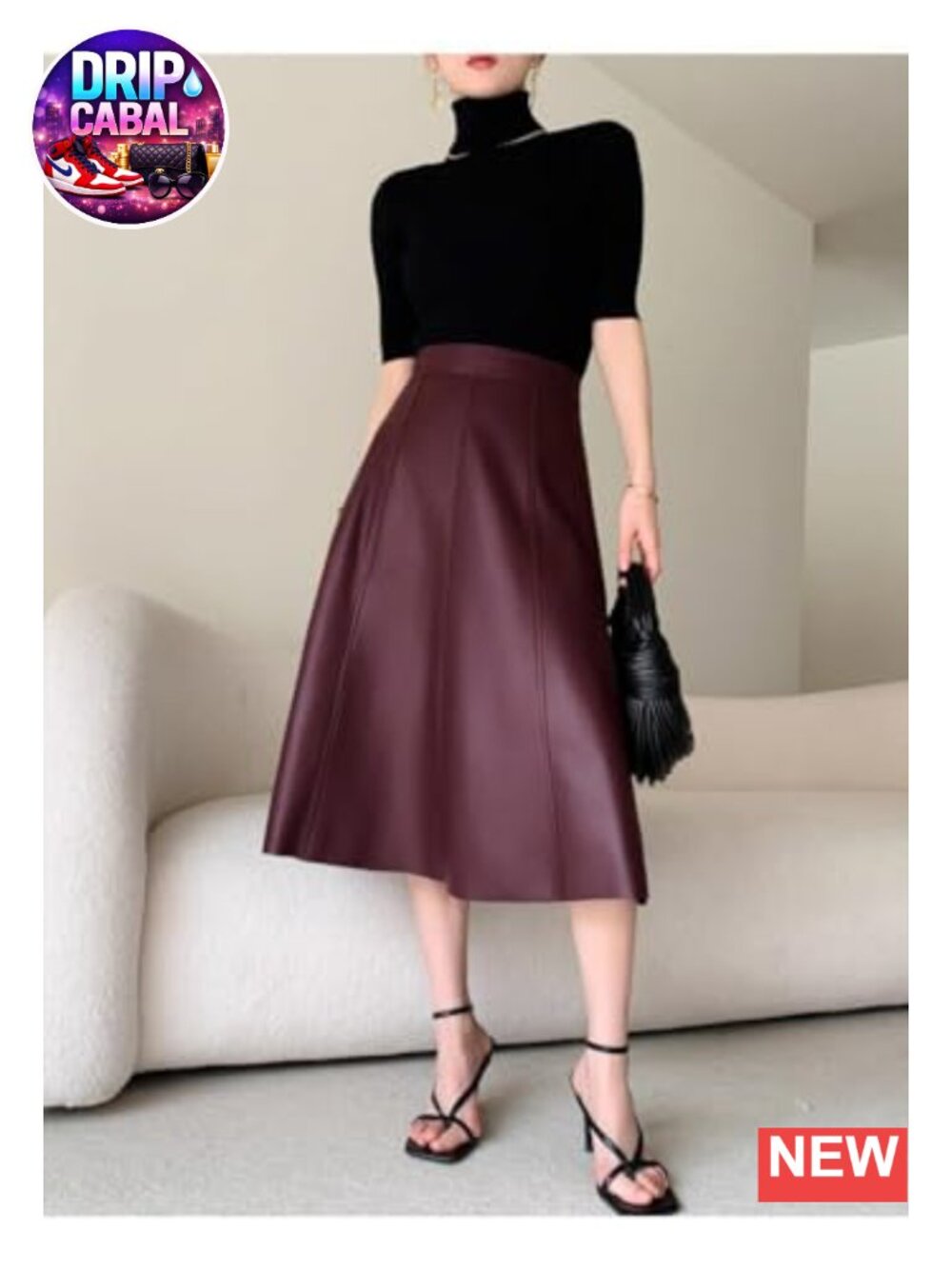 Women's High Waisted A-Line Midi Faux Leather Skirt with Ruffled Hem - Picture 4 of 6
